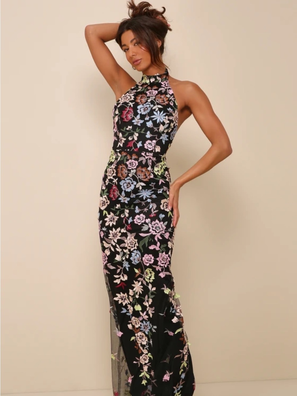 NWT Lulus Infinite Praise Black 3D Embroidered Halter Maxi Dress